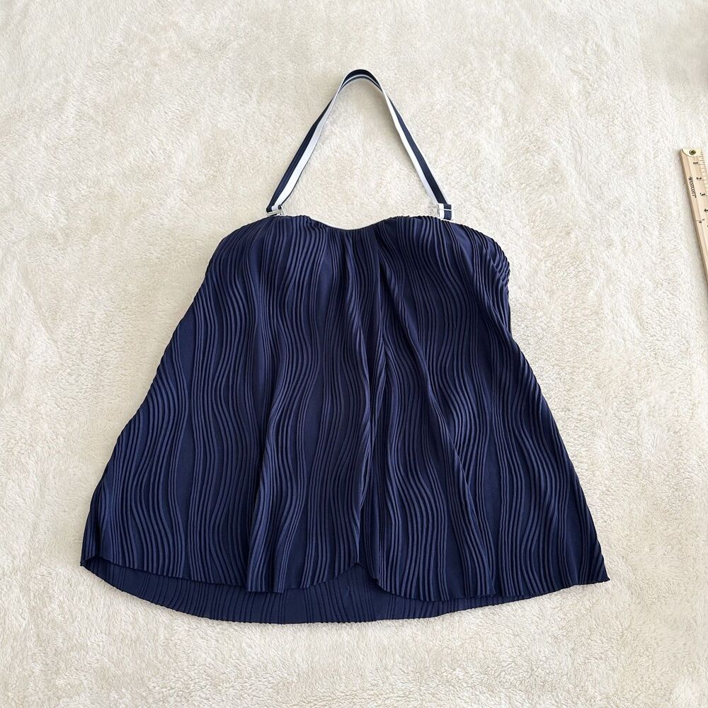 Women’s Navy Pleated Flyaway Tankini Top Split Front Halter Swim L Beach Style